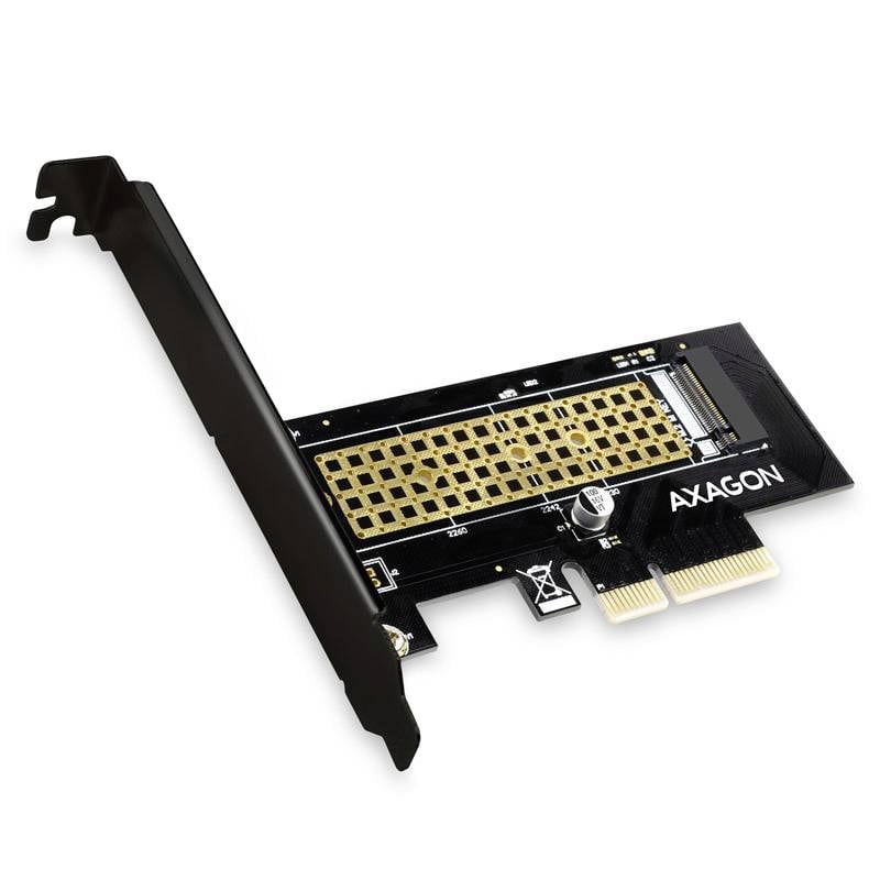 Eine schwarze PCIe-Erweiterungskarte mit goldenen Kontakten und der Aufschrift 'AXAGON' vorne.