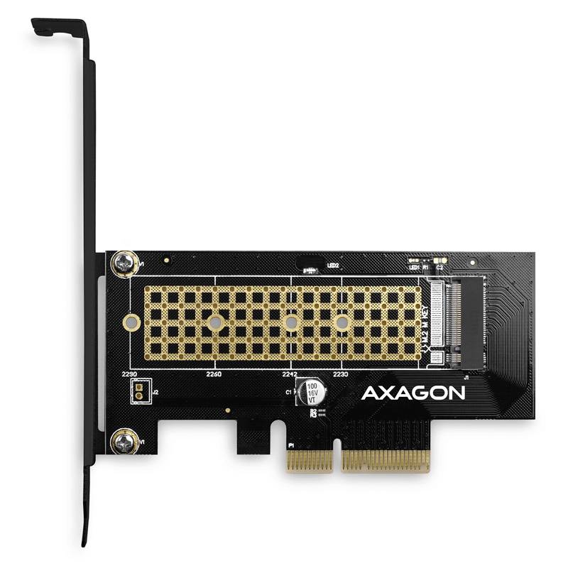 PCIe-Adapterkarte für NVMe-SSD von Axagon. Schwarz mit goldenen Akzenten. Unterstützt 2230 bis 2280 Formfaktoren.