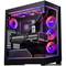 Ein Gaming-PC mit RGB-Beleuchtung zeigt einen transparenten Gehäusedeckel, Kühlelemente, Lüfter und ein Motherboard mit leuchtenden Farben.