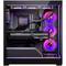 Gaming-PC mit transparentem Gehäuse, bunter LED-Beleuchtung und sichtbaren Lüftern. innen ein 'Republic of Gamers'-Logo.