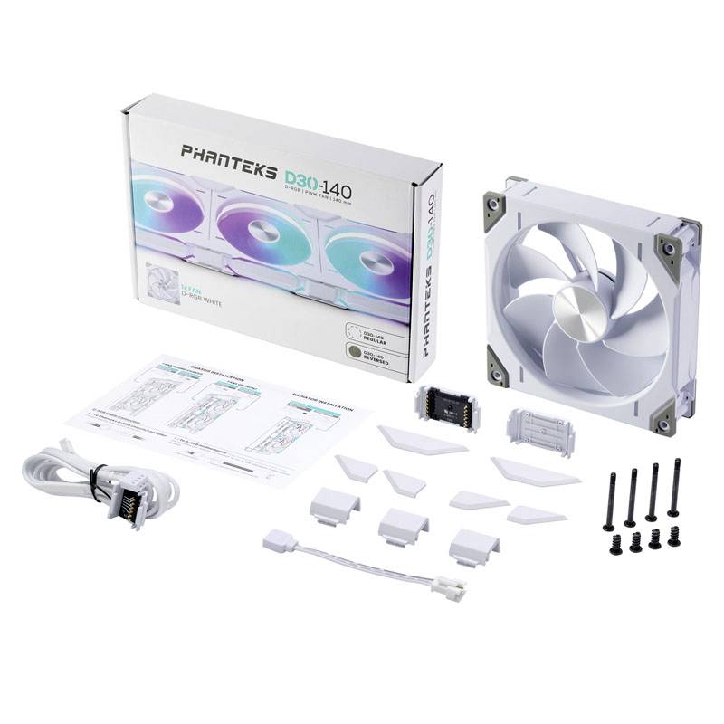 Kühler-Set bestehend aus einem weißen Computerlüfter, Kabeln, Schrauben und Anleitungen, neben der Originalverpackung platziert.