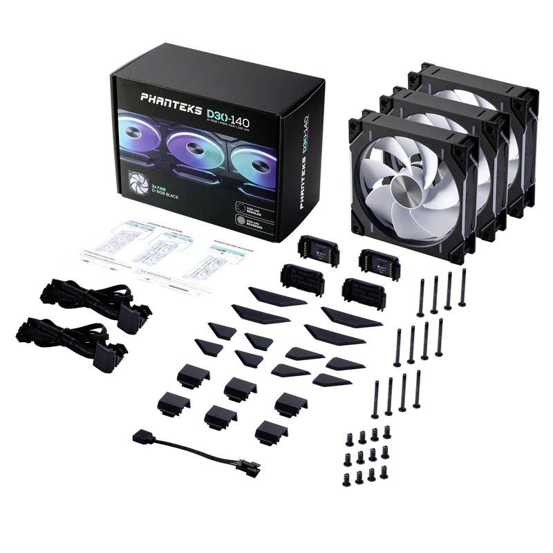 Ein Phanteks-Lüfter-Set mit zwei Lüftern, einer Box, Kabeln, Schrauben und Montagezubehör, geeignet für Computer-Kühlung.