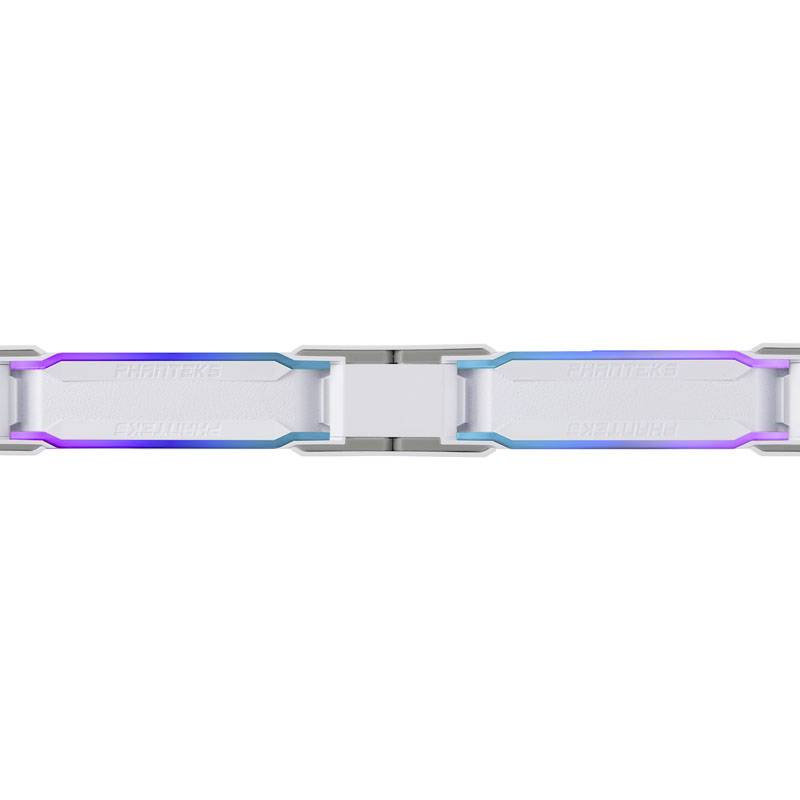 Ein weiß-lila Metallarmband mit rechteckigen Gliedern, verbunden durch metallische Scharniere. Minimalistisches und modernes Design.