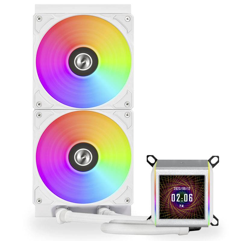 Ein PC-Kühlersystem mit zwei Lüftern, die in Regenbogenfarben leuchten, und einem digitalen Display, das Datum und Uhrzeit zeigt.