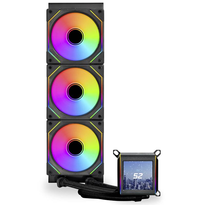 Drei bunte PC-Lüfter übereinander mit einem kleinen Display daneben, das die Temperatur von 52 Grad und eine Stadtsilhouette zeigt.