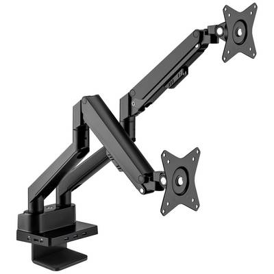 Ein schwarzer, verstellbarer Monitorarm mit zwei Halterungen für Bildschirme, geeignet zur ergonomischen Arbeitsplatzgestaltung.