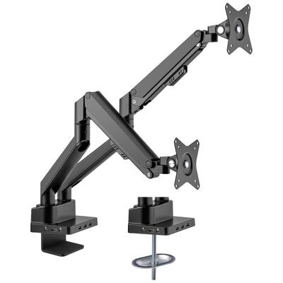 Doppelter Monitorarm aus Metall mit verstellbaren Gelenken und Schraubklemmen zur Befestigung an einem Tisch.