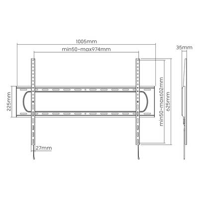 Technische Zeichnung einer TV-Wandhalterung. Maße: Breite 1005mm, Höhe 225mm, einstellbare Tiefe min. 50-max. 974mm, seitliche Höhe max. 102mm.