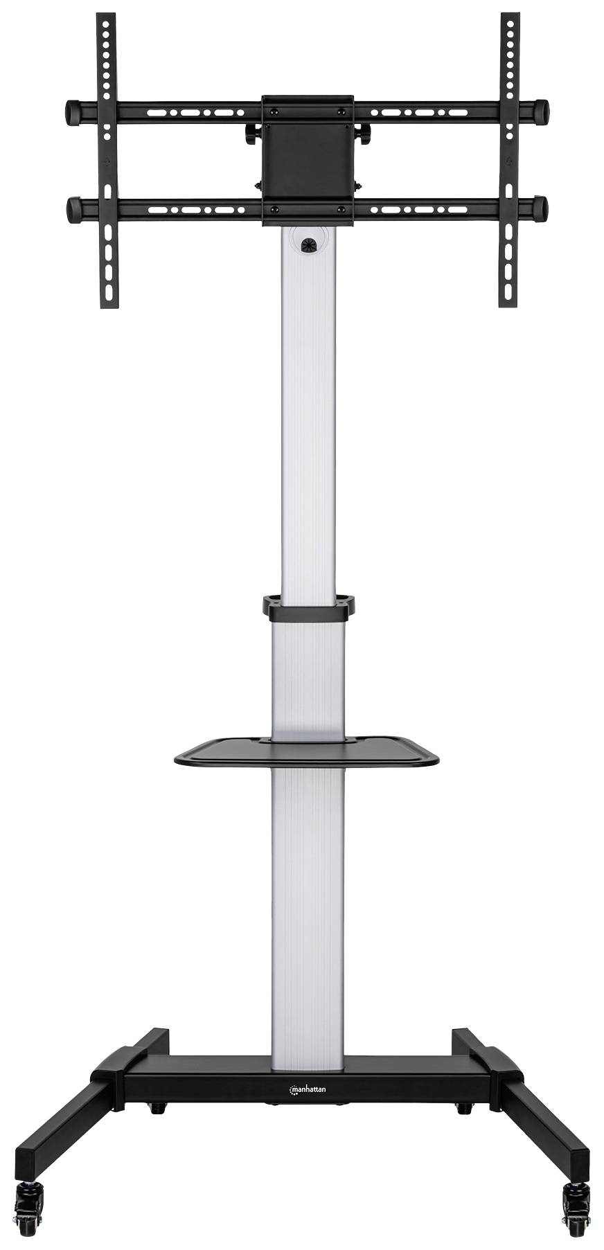 TV-Ständer mit höhenverstellbarer Halterung, integriertem Kabelmanagement und einer Ablage für Geräte. Die Basis hat Rollen.