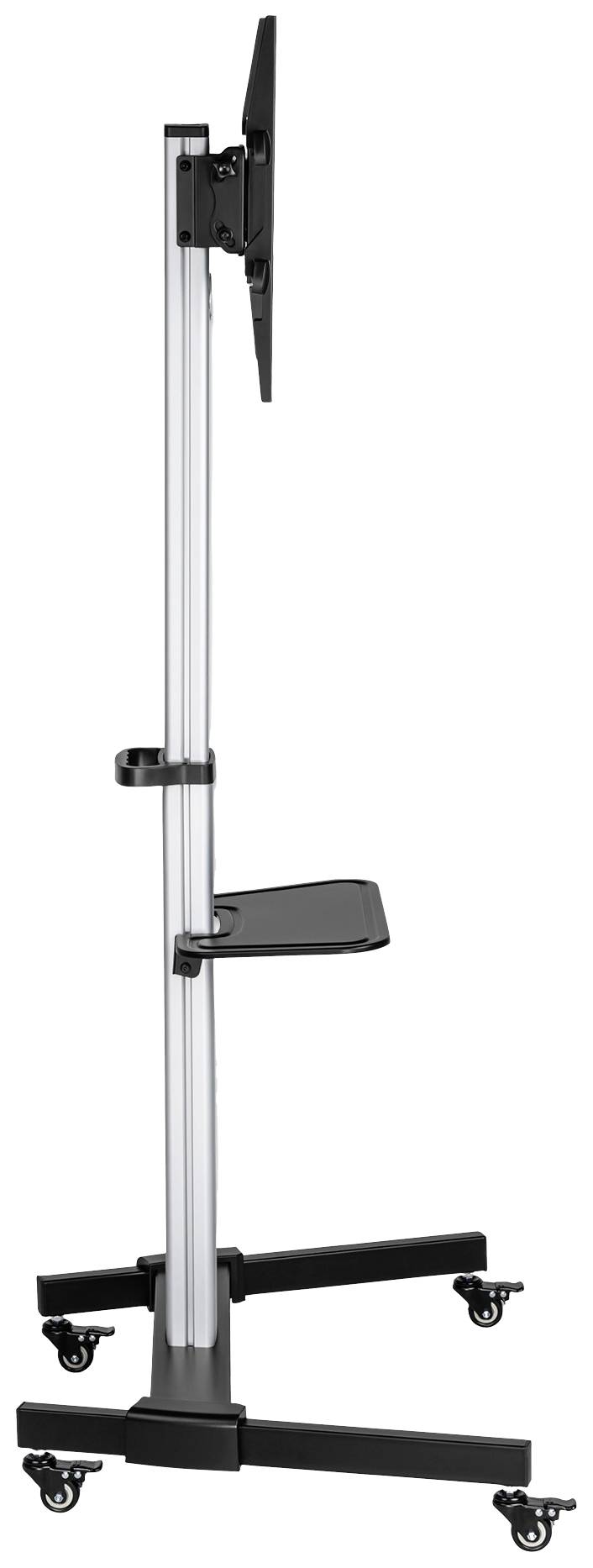 Rollbarer Monitorständer aus Metall mit höhenverstellbarer Halterung und Ablagefach. Ideal für Präsentationen und flexible Nutzung.
