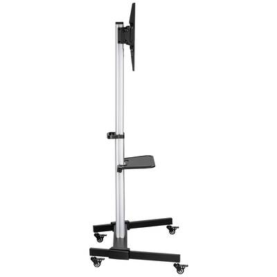 Rollbarer Monitorständer aus Metall mit höhenverstellbarer Halterung und Ablagefach. Ideal für Präsentationen und flexible Nutzung.