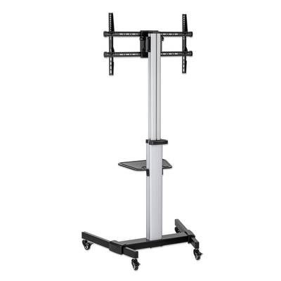 Ein mobiler TV-Ständer mit Rollen, höhenverstellbar, mit VESA-Halterung und kleiner Ablagefläche, geeignet für Präsentationen.