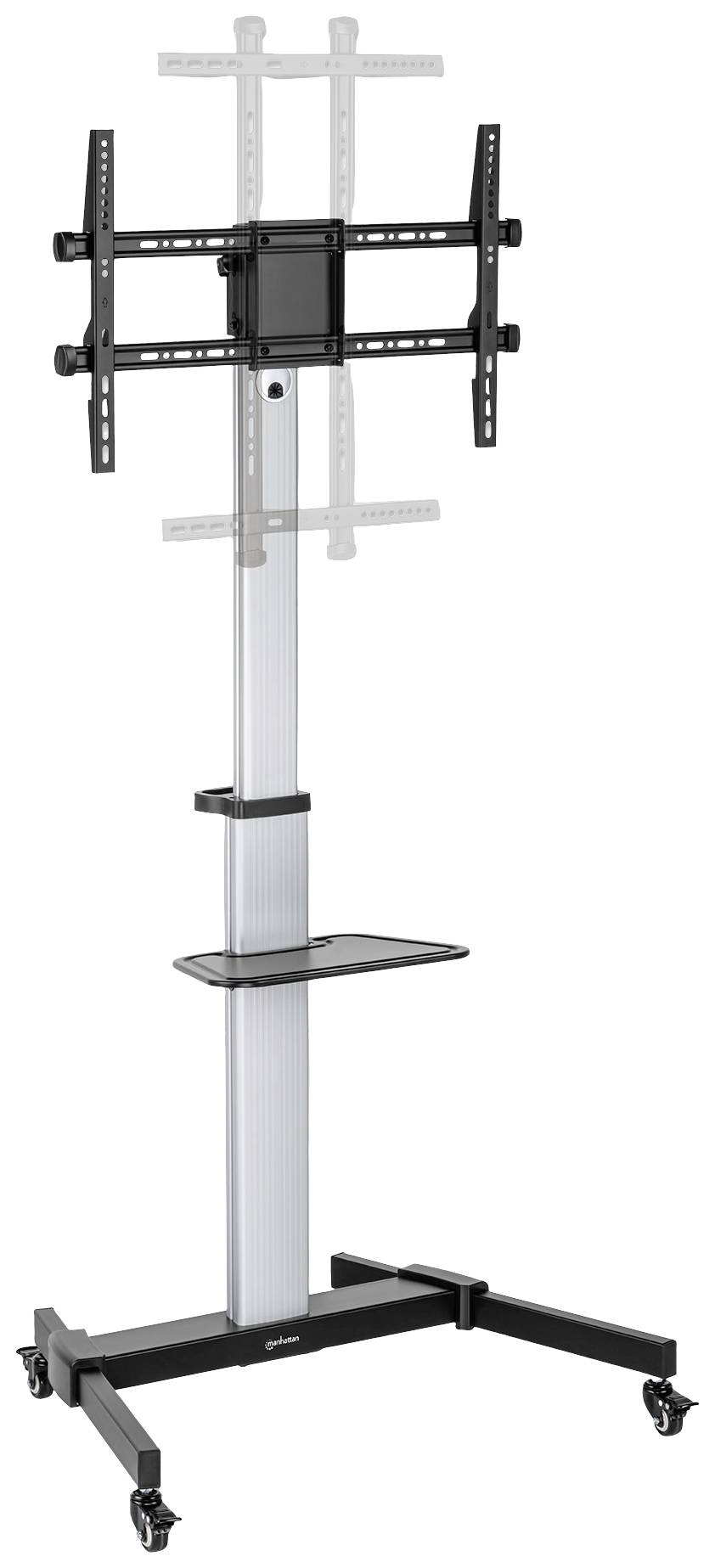 Ein verstellbarer, mobiler TV-Ständer auf Rollen, mit Metallrahmen und Ablagefläche, geeignet für verschiedene Bildschirmgrößen.