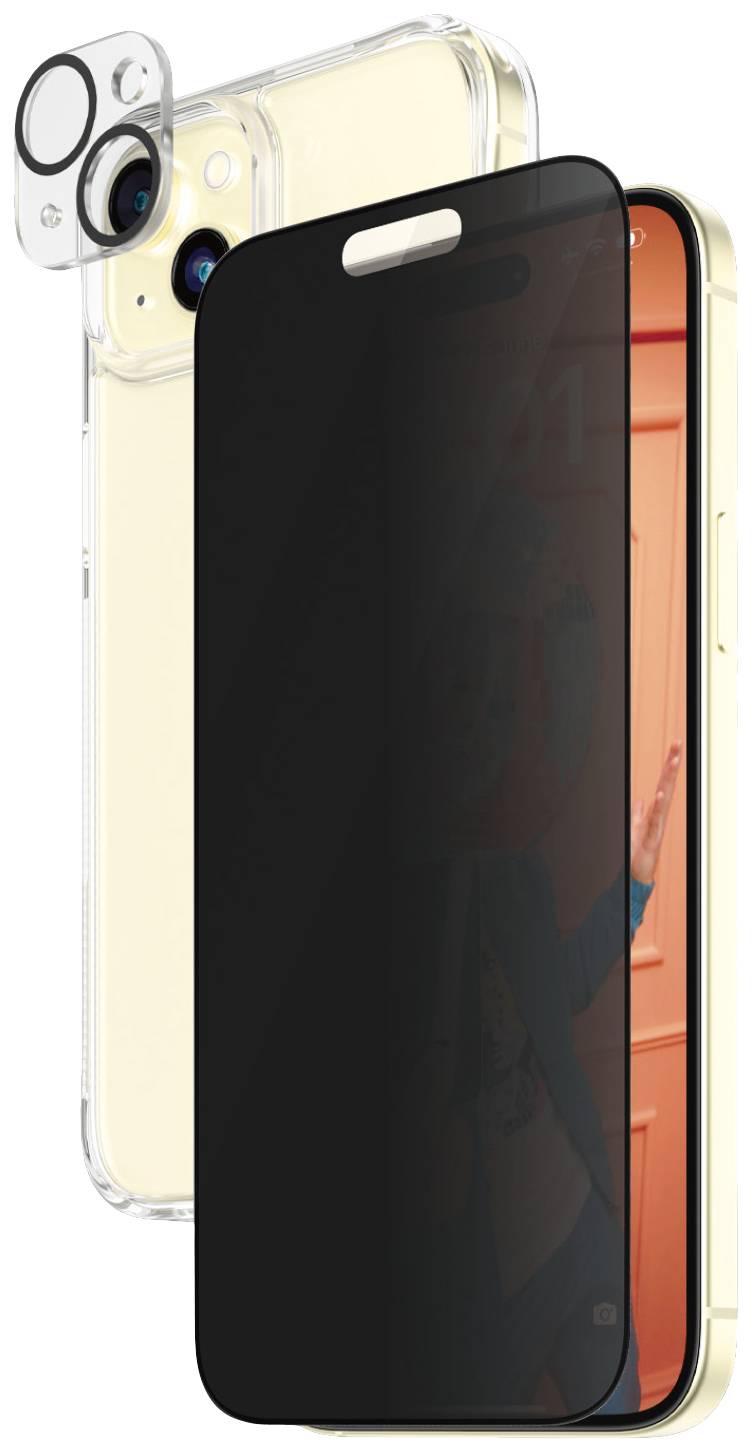 Smartphone mit gelbem Gehäuse, Schutzfolie auf dem Display und Kameralinse. Fokussiert auf den Schutz der Vorder- und Rückseite.