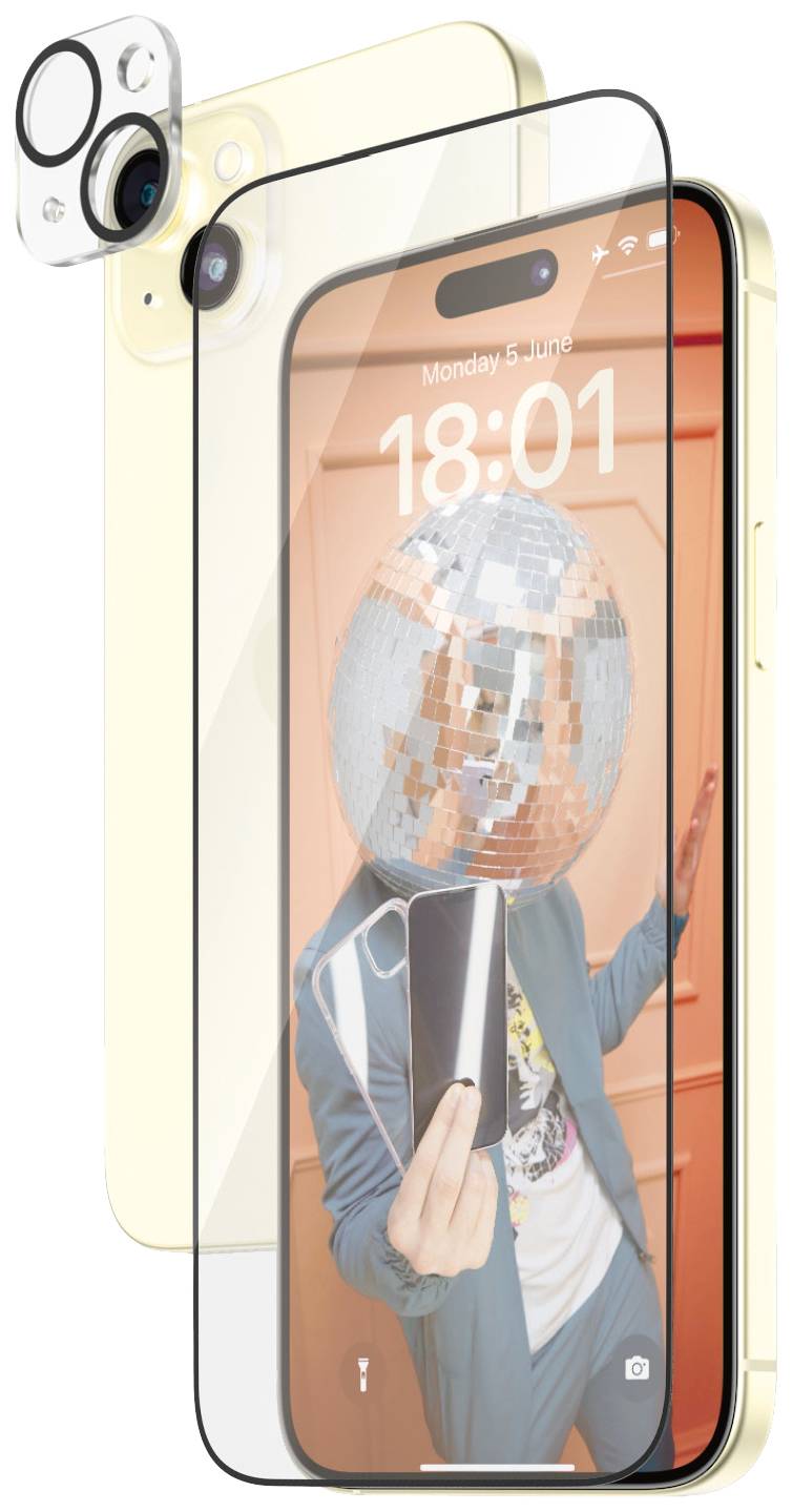 Smartphone mit gelbem Gehäuse, Schutzglasfolie und Kameraabdeckung. Auf dem Bildschirm eine Person mit Diskokugel als Kopf.