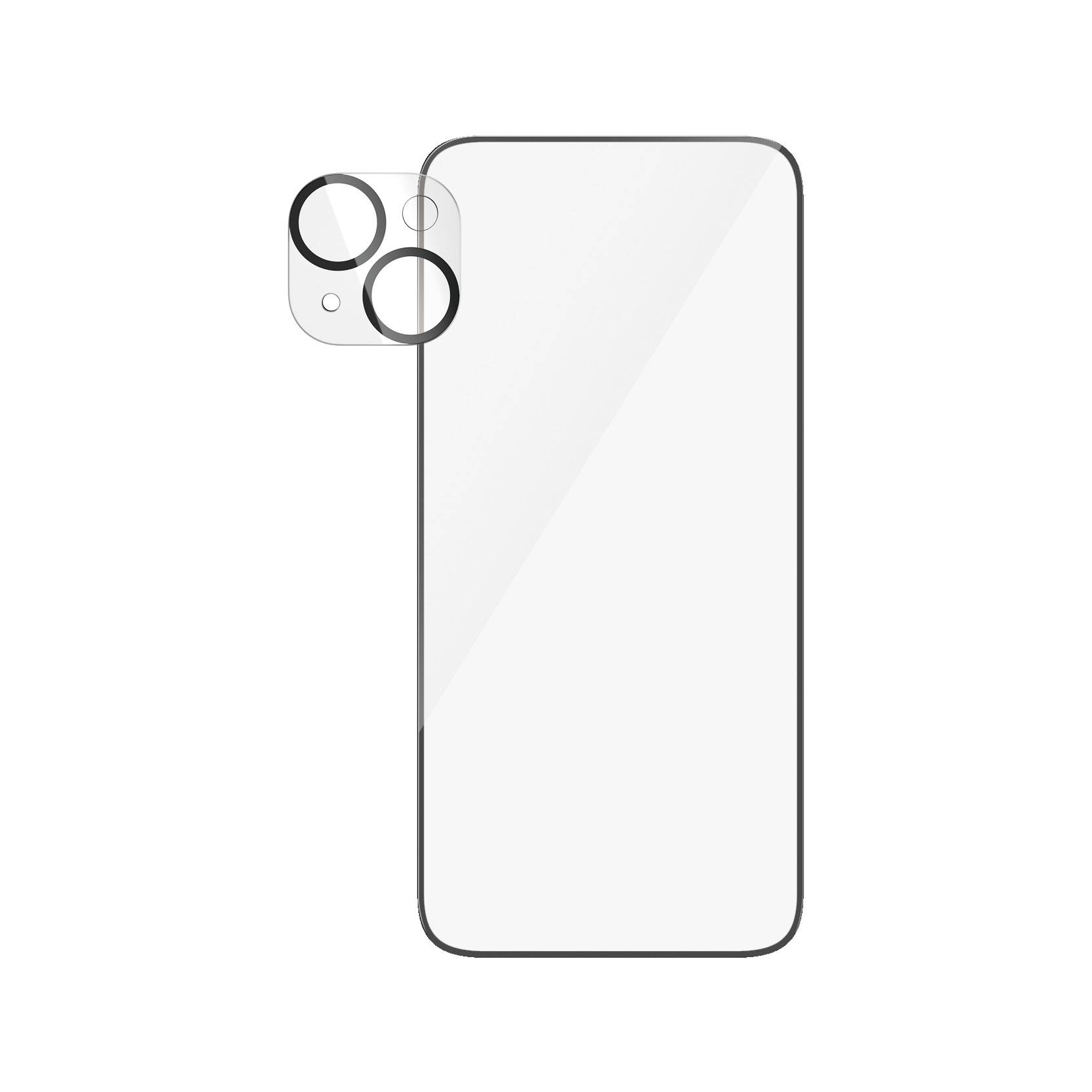 Weiße Smartphone-Schablone mit transparenter Kameraabdeckung auf weißem Hintergrund, bereit für Design-Mockups oder Produktpräsentationen.
