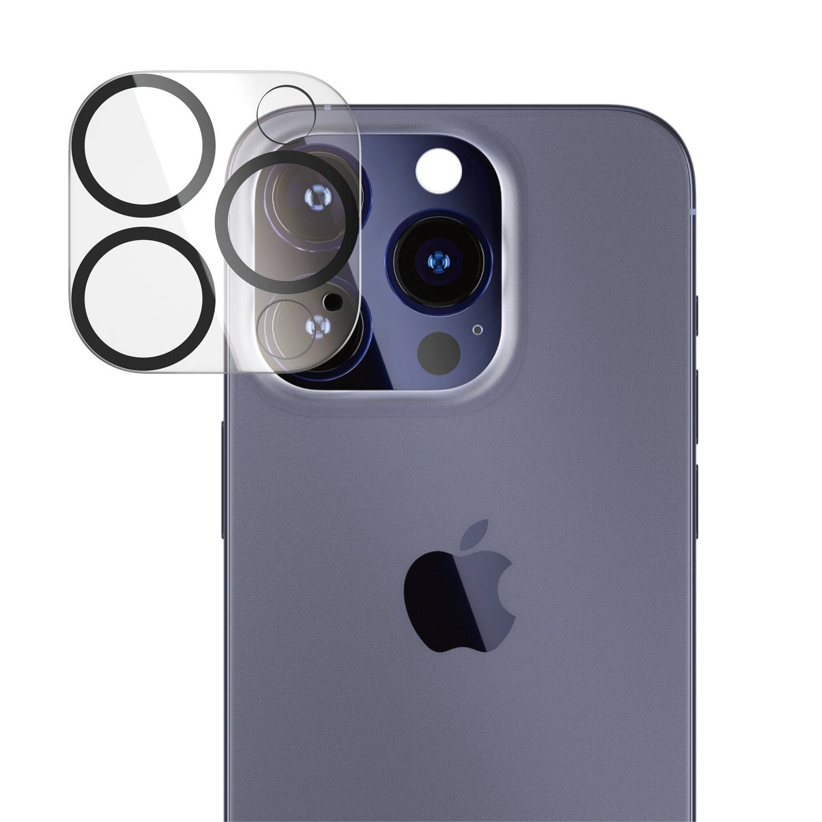 Smartphone in Silber mit Kameraschutz: Drei Linsen und Blitz sichtbar. Apfel-Logo auf der Rückseite.