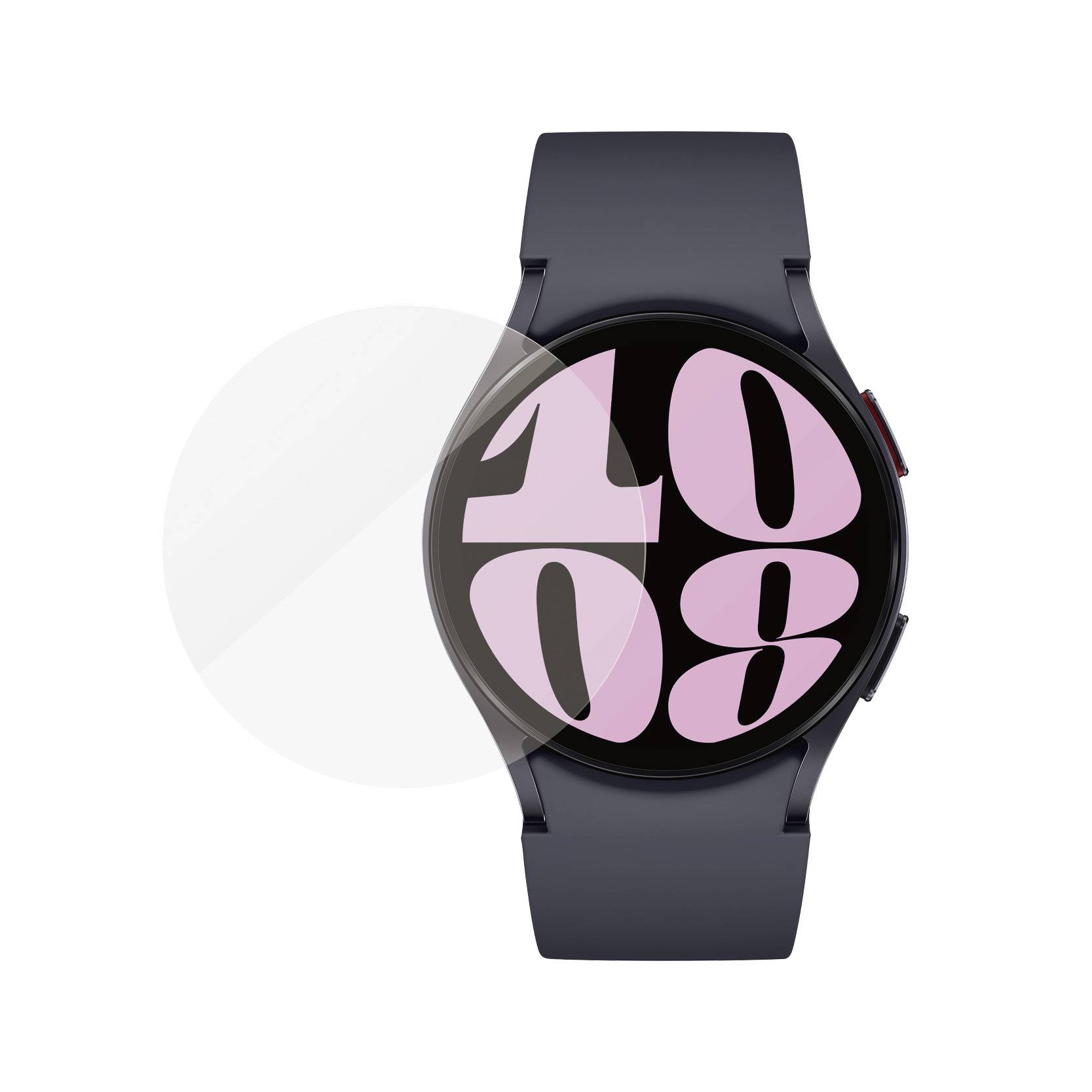 Eine Smartwatch mit schwarzem Armband und einem Display, das die Uhrzeit "10:08" in großen, rosa Zahlen zeigt.