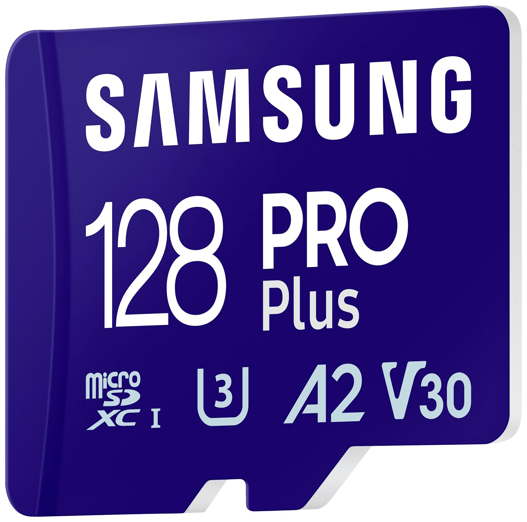 'Samsung 128 PRO Plus' microSD-Karte, blau, mit den Symbolen U3, A2, V30. Speicherkarte für erweiterte Speicherkapazität und Leistung.