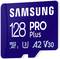 'Samsung 128 PRO Plus' microSD-Karte, blau, mit den Symbolen U3, A2, V30. Speicherkarte für erweiterte Speicherkapazität und Leistung.