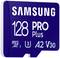 'Samsung 128 PRO Plus' microSD-Karte, blau, mit Symbolen für U3, A2, V30. Geeignet für schnelle Datenübertragungen und hohe Leistung.