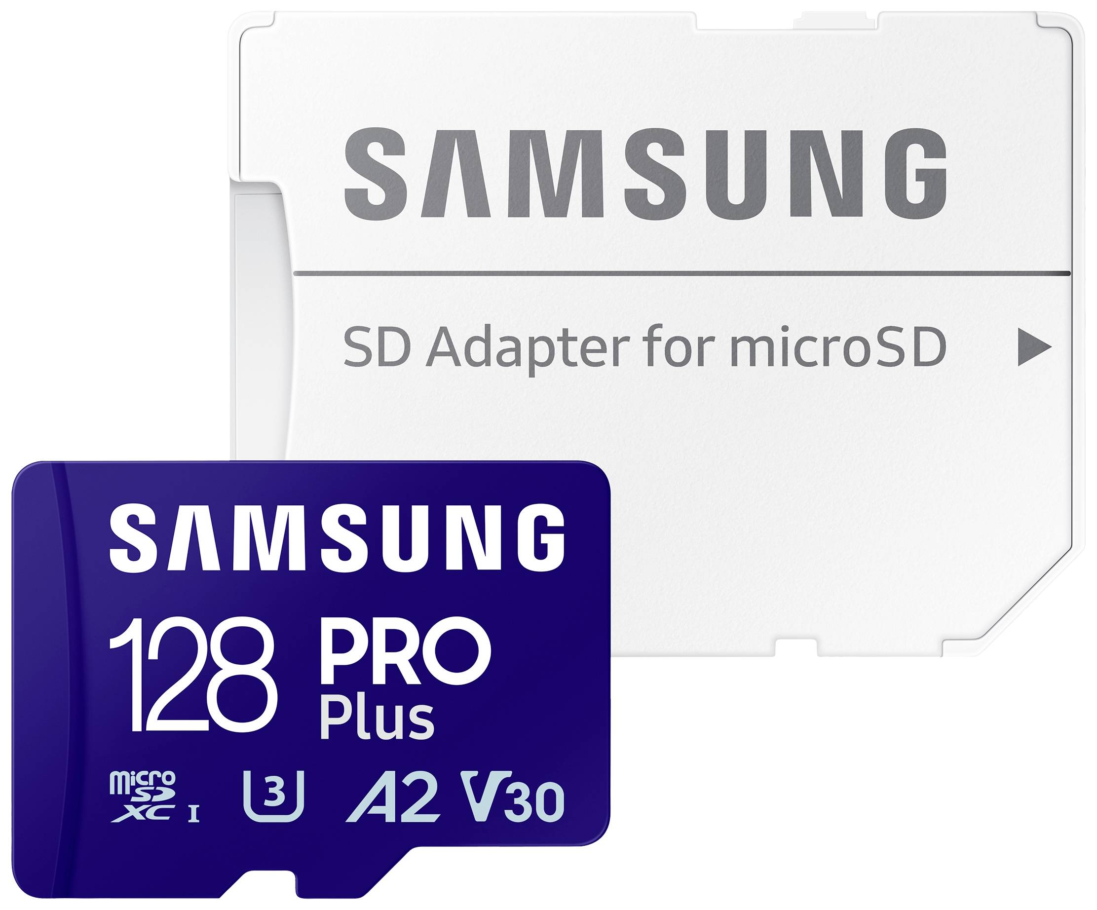'Samsung 128GB microSD PRO Plus' Speicherkarte mit 'SD Adapter für microSD'. Kompatibel für schnelle Datenübertragung und hohe Kapazität.