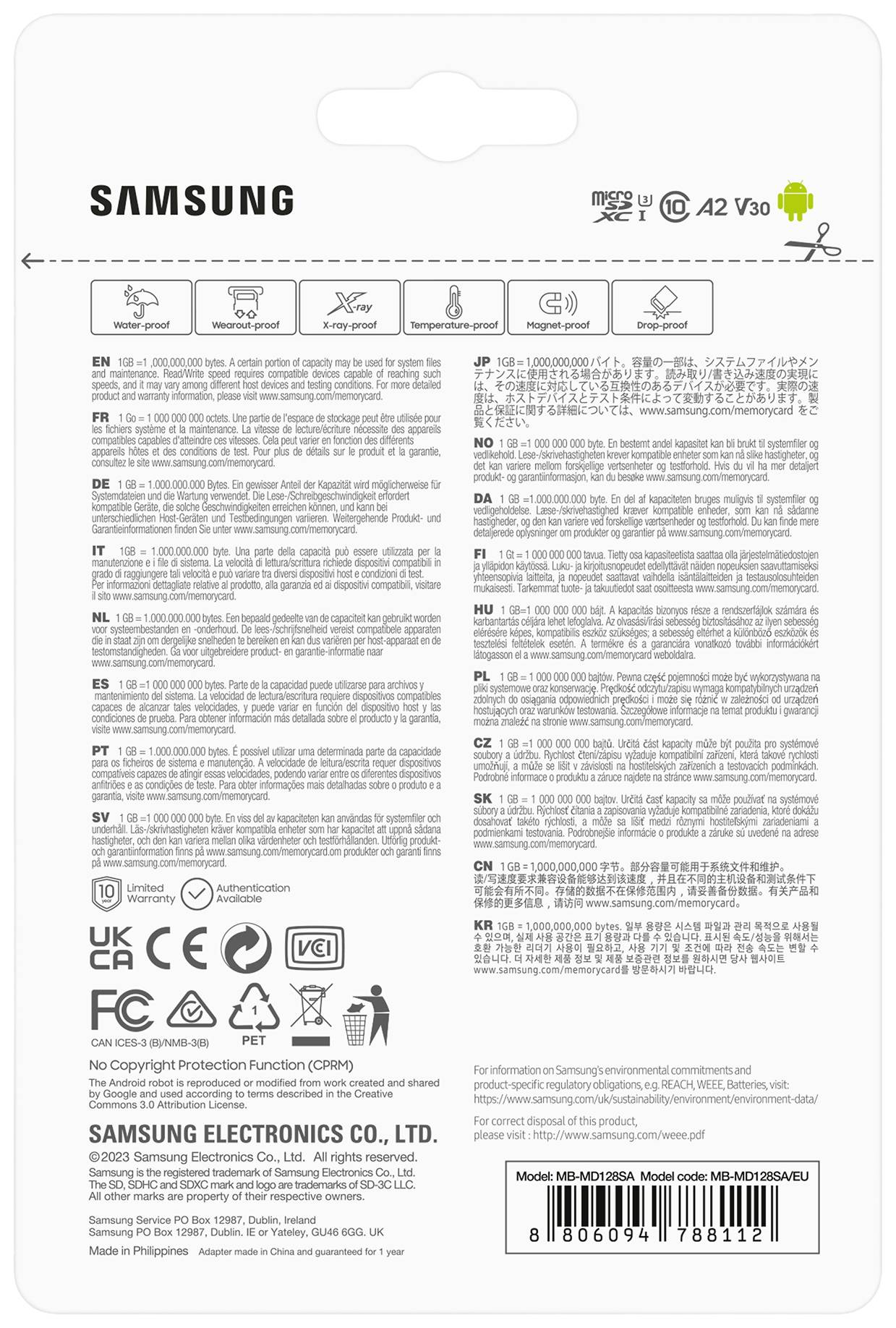 Rückseite einer Samsung-Speicherkarte-Verpackung mit technischen Spezifikationen und Herstellerinformationen in mehreren Sprachen.