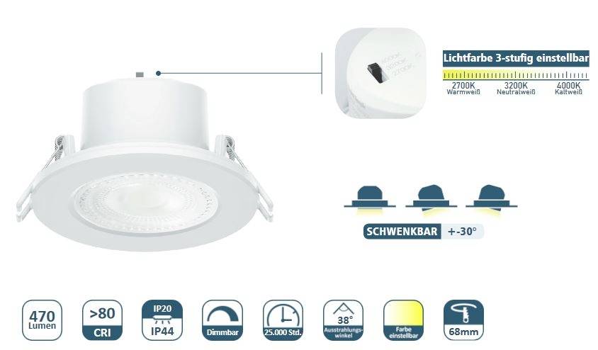 Counttec SPA44-6W-XW LED-Einbauleuchte EEK: G (A - G) LED LED fest eingebaut 6 W Weiß-1