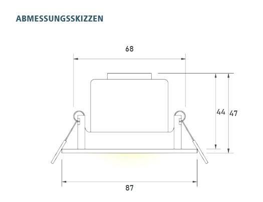 Skizze zeigt die Abmessungen eines rechteckigen Objekts: Breite 68, Tiefe 87 und zwei Höhen 44 und 47.