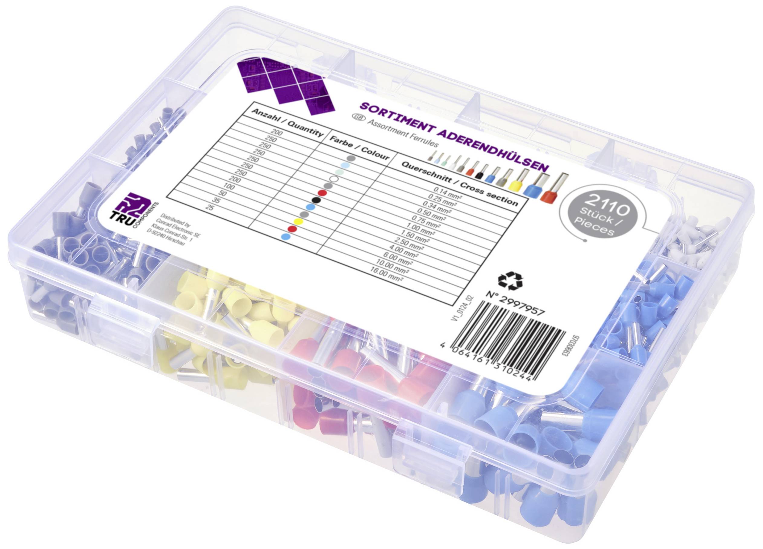 Eine transparente Box mit einem Sortiment farbiger Aderendhülsen in verschiedenen Größen. Etikett zeigt eine Übersichtstabelle.