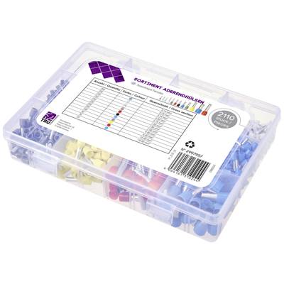 Eine transparente Box mit einem Sortiment farbiger Aderendhülsen in verschiedenen Größen. Etikett zeigt eine Übersichtstabelle.