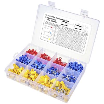 Sortiment Box mit verschiedenen farbigen Ringkabelschuhen, blau, gelb und rot. Ein Diagramm mit Größenangaben auf der Innenseite.