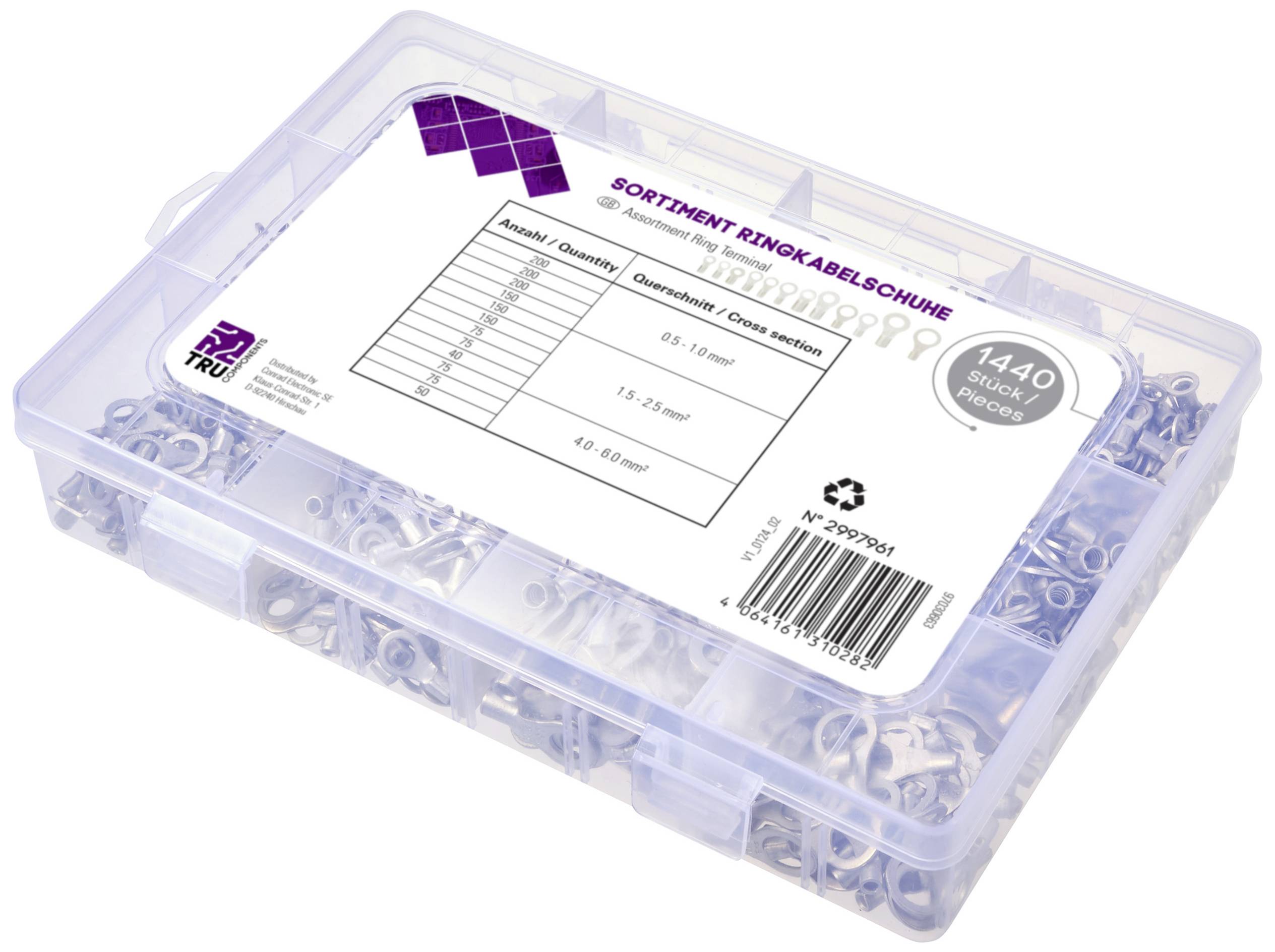 Eine Plastikbox mit 1440 Stück Ringkabelschuhen, sortiert in verschiedenen Größen. Etikett zeigt Größen- und Mengeninformationen.