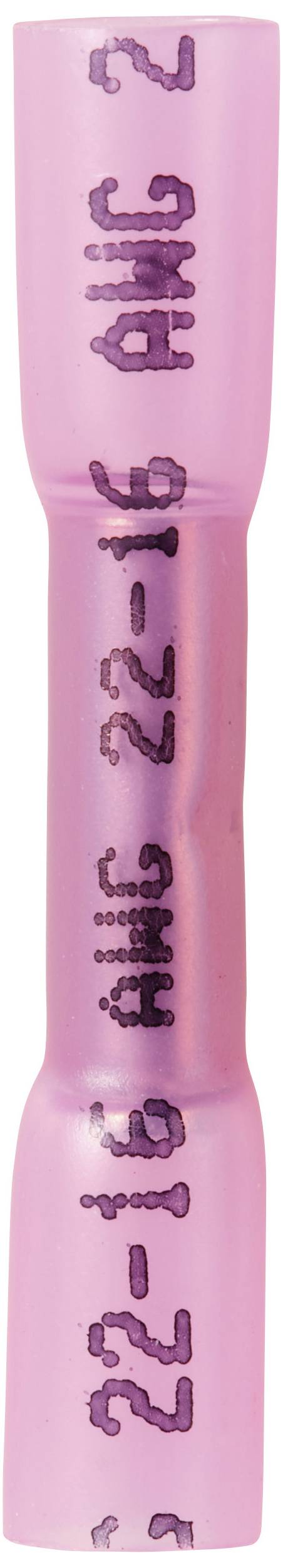 Ein roter verzinnter Kupferkabelverbinder, der für die Verbindung von zwei Kabeln verwendet wird. Auf dem Verbinder sind Kabelgrößen aufgedruckt.