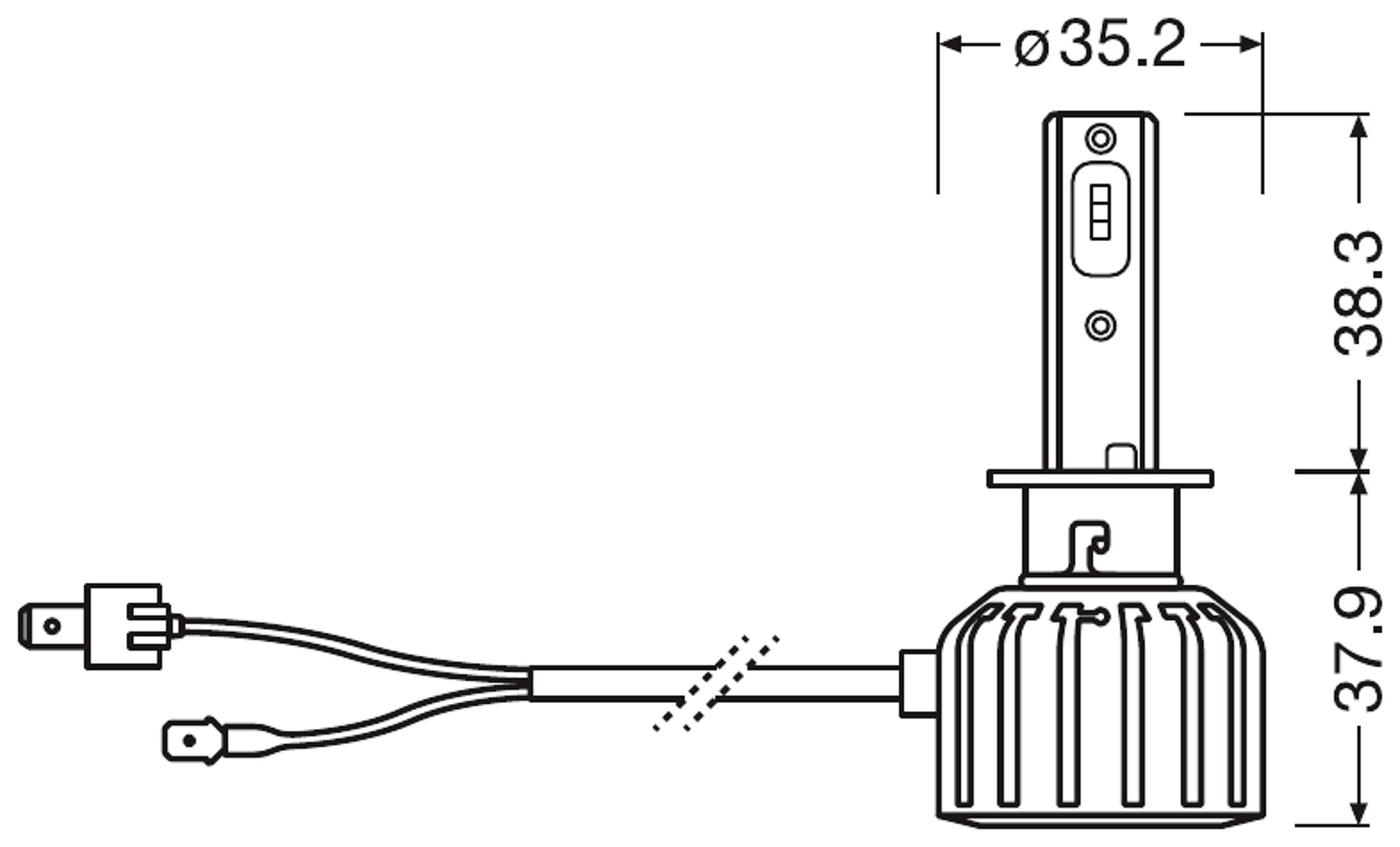 Technische Zeichnung einer Glühbirne mit Maßen: Gesamtlänge 38,3 mm, Durchmesser 35,2 mm, Sockelhöhe 37,9 mm. Kabel angeschlossen.