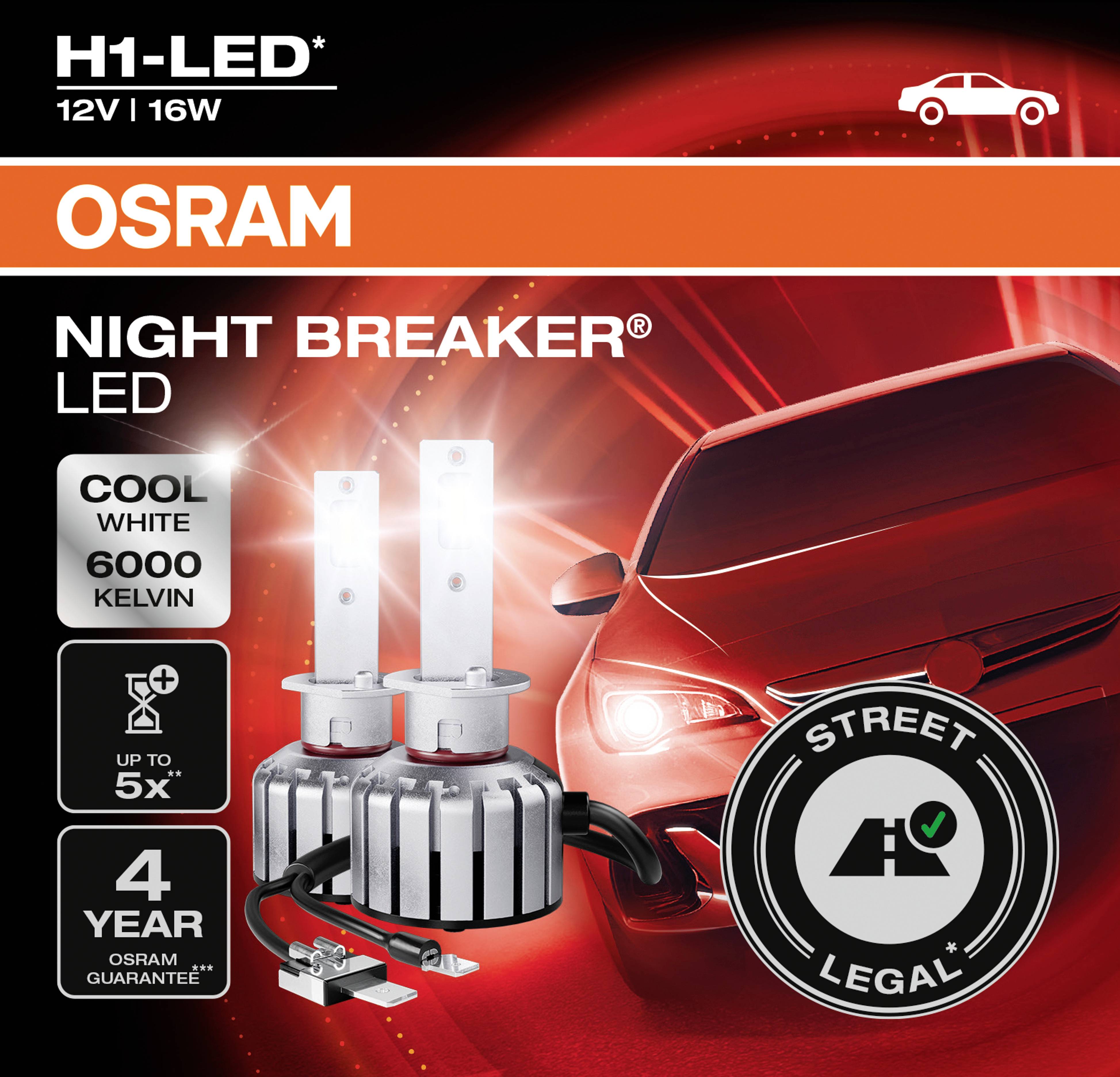 Verpackung einer H1-LED-Autolampe von OSRAM mit Angaben: 'Cool White 6000 Kelvin', 'Straßenzulassung', und '4 Jahre Garantie'.