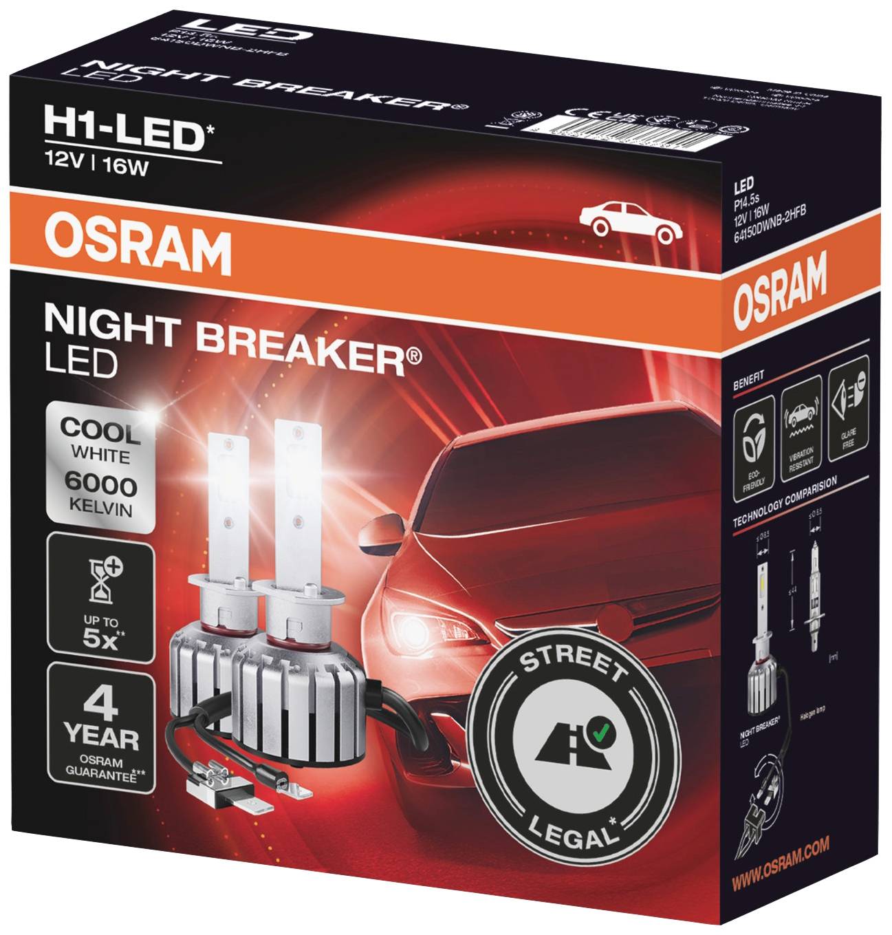 Verpackung einer H1-LED-Lampe von OSRAM mit der Bezeichnung 'Night Breaker'. 'Cool White' mit 6000 Kelvin und bis zu 5x mehr Licht.