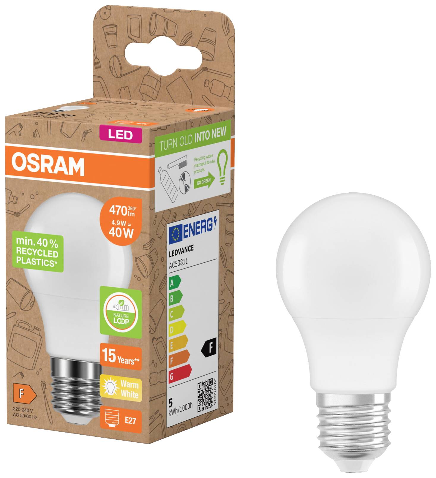 Eine Osram LED-Glühbirne und Verpackung, betont Recycling und Energieeffizienz. 470 Lumen, warmweiß, E27, 40W Ersatz.