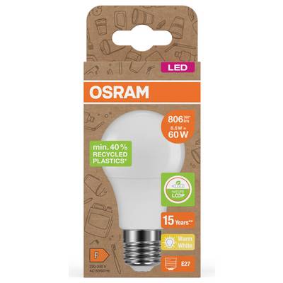 OSRAM LED-Glühbirne für E27-Fassung, 8,5W entspricht 60W, warmweiß, 15 Jahre Lebensdauer, hergestellt mit mindestens 40% recycelten Kunststoffen.