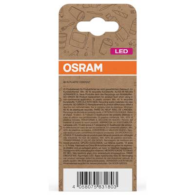 OSRAM LED-Birne in Verpackung aus braunem recyceltem Kunststoff, mit großem orangefarbenem OSRAM-Etikett und Barcode am unteren Ende.