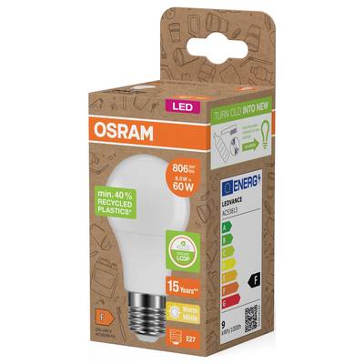 OSRAM LED-Glühbirne, Verpackung zeigt eine 60-W-Äquivalent-Birne mit 806 lm, warmweiß, E27, 15 Jahre Lebensdauer und Energieklasse F.
