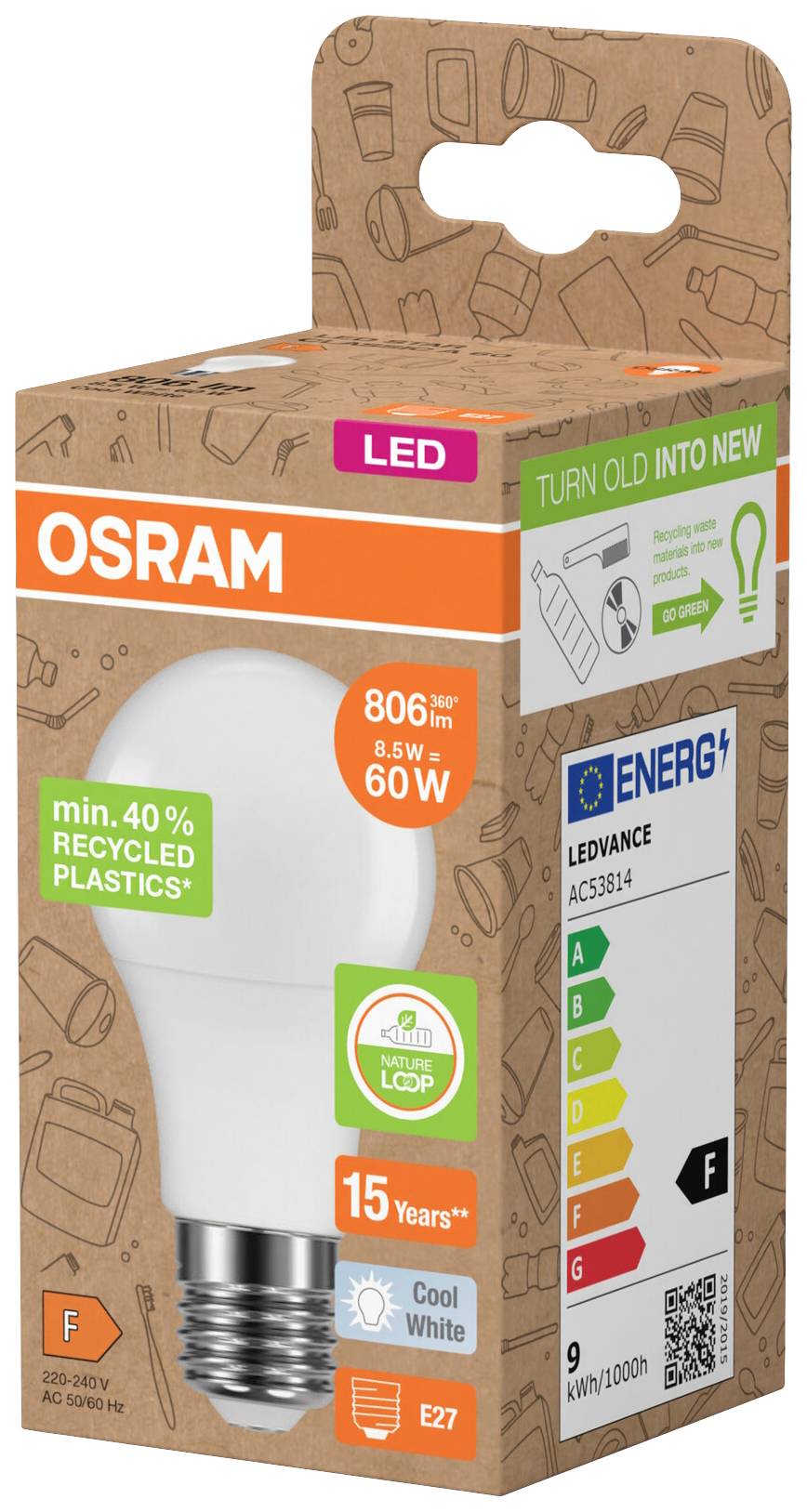 Energiesparende LED-Lampe von OSRAM in Verpackung; 9W, 806lm, vergleichbar mit 60W Glühlampe, E27 Fassung. Energieschaltbild Klasse F.