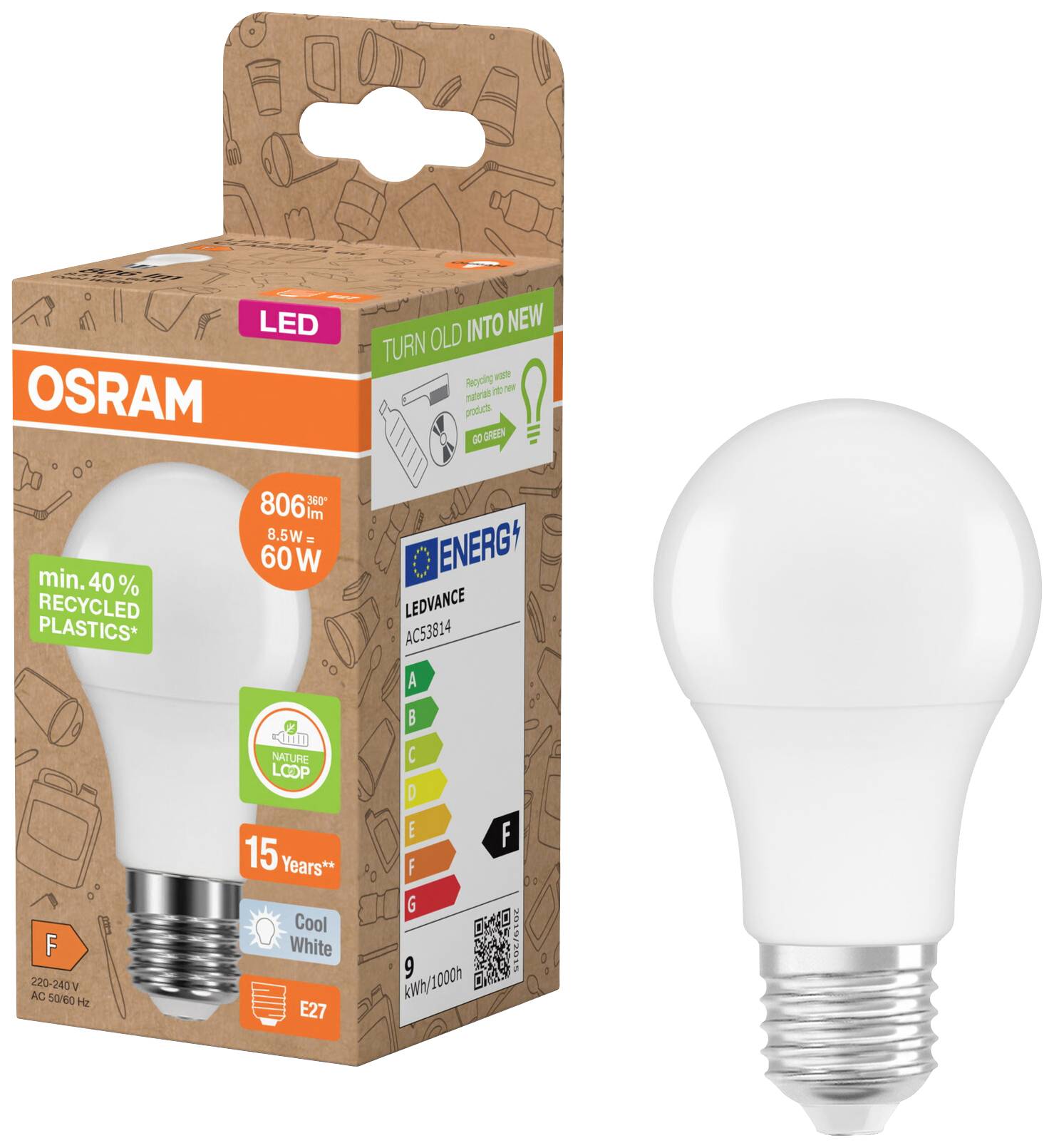 LED-Glühbirne der Marke OSRAM in weißer Verpackung. Die Verpackung betont 'mind. 40% recycelte Kunststoffe' und '15 Jahre Lebensdauer'. Energieklasse F, E27-Sockel.