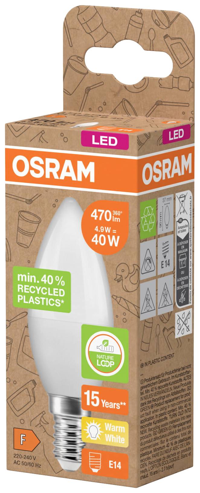 Glühbirnenverpackung von OSRAM mit LED-Kerze, E14 Sockel, 470 Lumen, 4,9W (ersetzt 40W); aus 40% recyceltem Plastik, warmweiß.