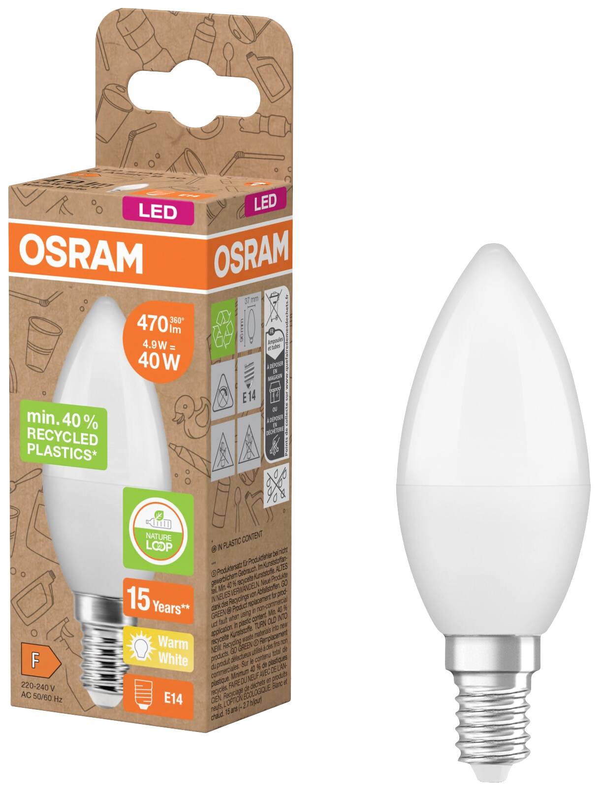 Eine LED-Glühbirne von OSRAM mit E14-Sockel, 470 lm, 4,9 W, 40 W Ersatz, warmweiß, aus mindestens 40% recyceltem Kunststoff, 15 Jahre Lebensdauer.