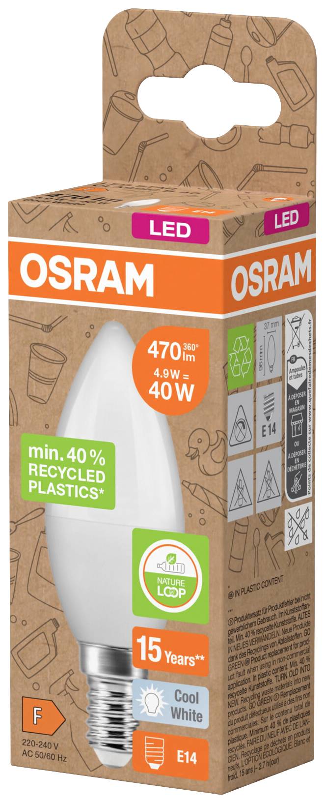Verpackung einer OSRAM LED Birne: 470 Lumen, 4,9W (entspricht 40W), E14 Fassung, niedriger Energieverbrauch, min. 40% recycelter Kunststoff.