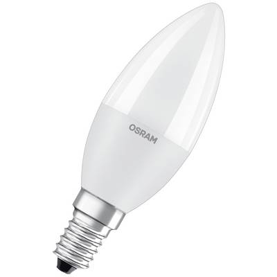 Eine LED-Glühbirne der Marke Osram in Kerzenform mit E14-Sockel, geeignet für den Einsatz in Kronleuchtern und dekorativen Leuchten.