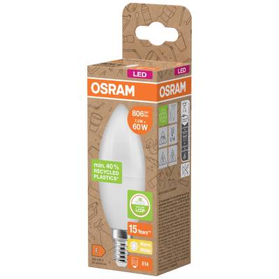 Eine LED-Glühbirne-Verpackung von Osram zeigt Details wie 806 lm, 7.5 W entspricht 60 W, warmweißes Licht, E14-Sockel, 40 % recycelter Kunststoff.