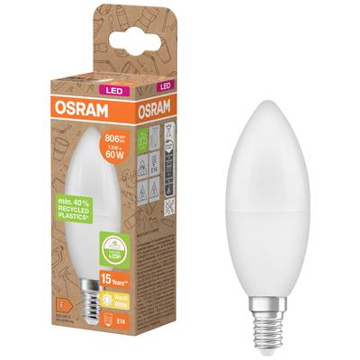 LED-Kerzenlampe von Osram mit Verpackung. 806 Lumen, 7,5W, ersetzt 60W, E14-Sockel. Verpackung enthält Recyclinginformationen.