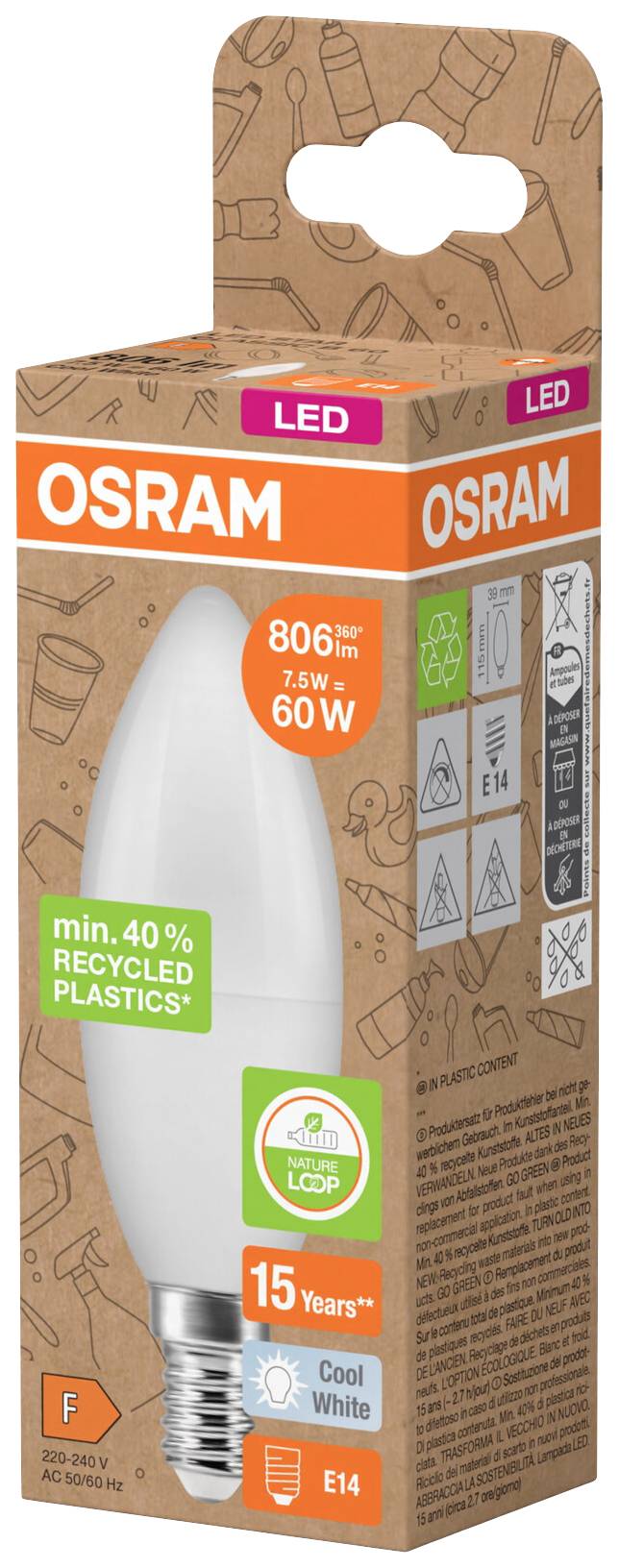 Verpackung einer OSRAM LED-Glühbirne, 806 Lumen, 7,5 W (60 W Ersatz), E14, 15 Jahre Lebensdauer, enthält 40 % recyceltes Plastik.
